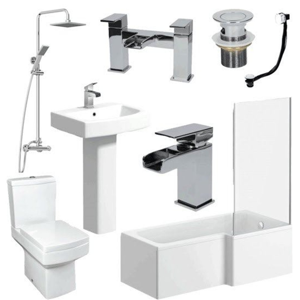 Complete Bathroom Suite L Shape 1600mm Right Hand Bath Screen Toilet Basin Taps