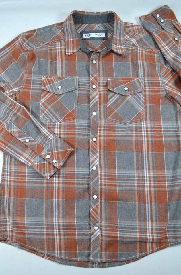 Camisa de franela BKE con hebilla ajuste atlético para hombre L marrón y gris blanco a cuadros frente a presión Foto 4 de 4