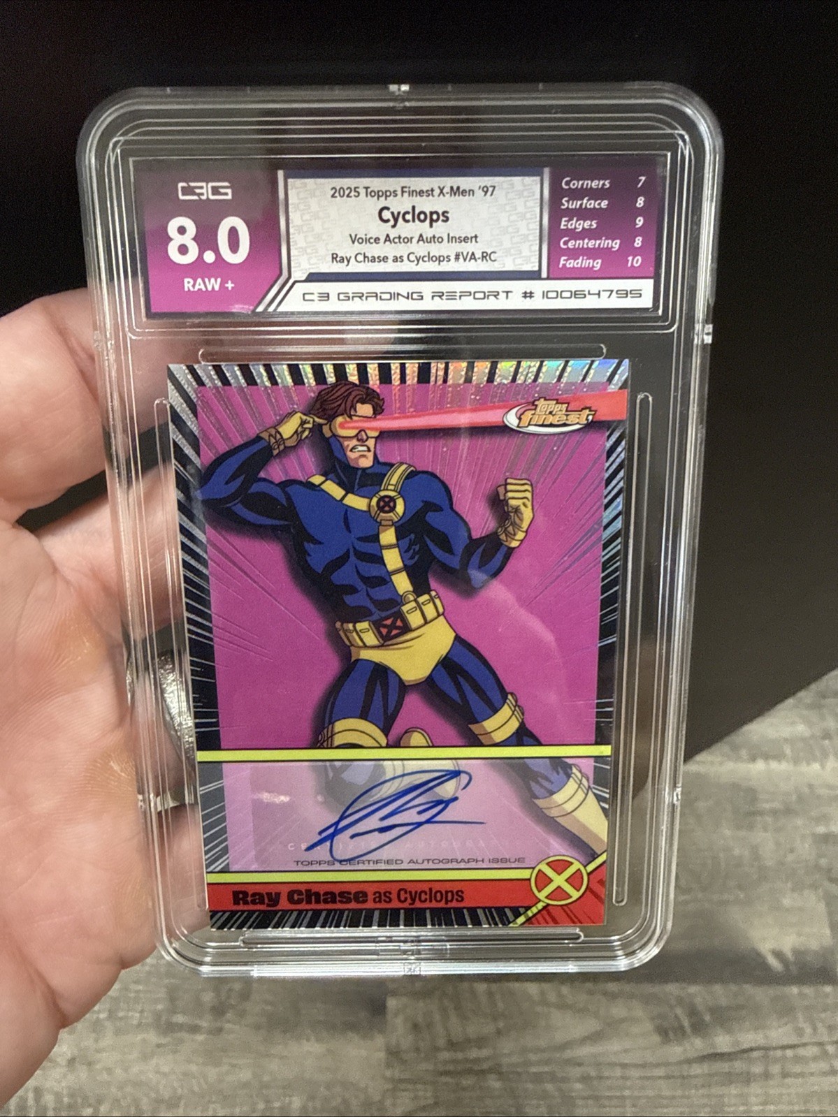 2025 Topps Finest X-Men '97 Cyclops VA-RC Card Ray Chase C3 8 Auto Score 10