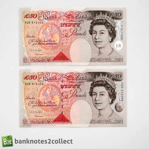 ENGLAND: 2 x 50 English Pound Banknotes with Consecutive Serial Numbers.