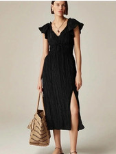 NWT J.Crew XS Tall Palermo Dress in Viscose-blend Crinkle Black Midi