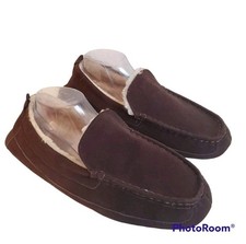 Eddie Bauer Jesse Dark Brown Suede Moccasin Slipper Faux Fur Leather Sz 13 XXL