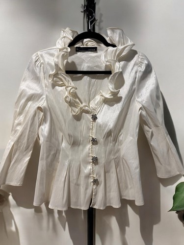 Blusa Chetta B Talla 6 Marfil Volantes Plisada Top Mujer Satén Formal Elegante G3