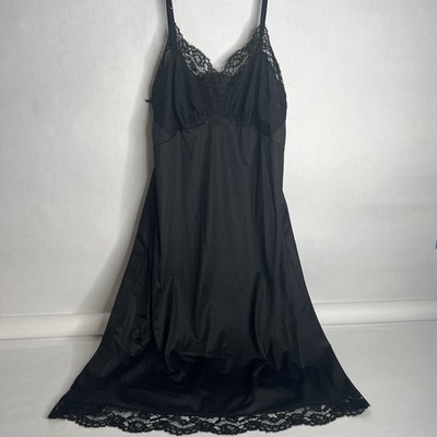 Vtg 50s 60s black nylon full dress slip lace trim adjustable straps bralette
