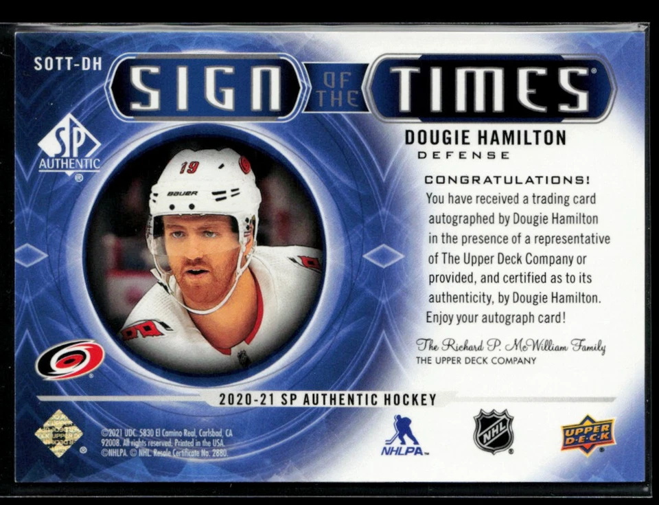2020-21 SP Authentic Sign of the Times #SOTT-DH Dougie Hamilton - Image 2 of 2