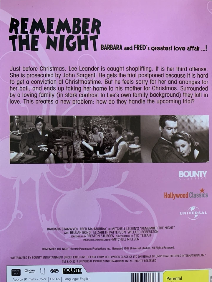 REMEMBER THE NIGHT DVD Barbara Stanwyck Fred MacMurray 1940 BRAND NEW! BU:4 - image 2 of 2