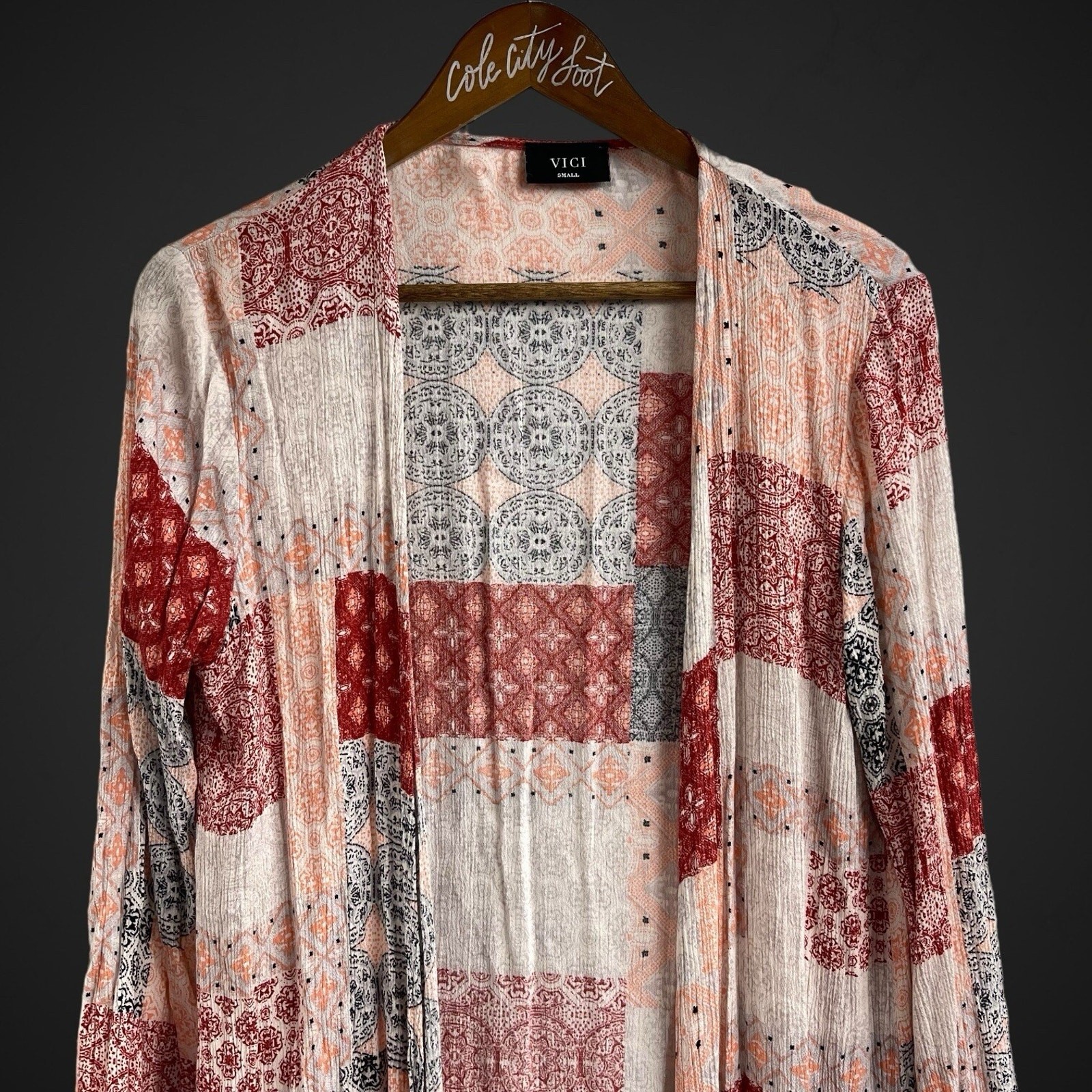 VICI Patchwork Print Duster Small Boho Brown Crea… - image 2