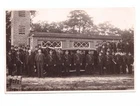 Photo Postcard Fire Brigade with Car in Front of Guard around 1940 Trumpet Uniform Fire Extinguishing Police