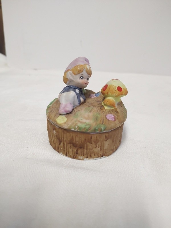 HOMCO TRINKET BOX - Pixie Elf & Mushroom Toadstool 2-piece w/ Lid 1970s Vintage