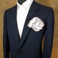 NEW - Men's 2-in-1 Pouf Round Pocket Square - White Satin with Brown Trim