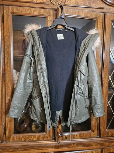 SAM. New York Women's Coat Size S PINK RACCOON FUR HOODIE Army Green Jacket - Picture 8 of 13