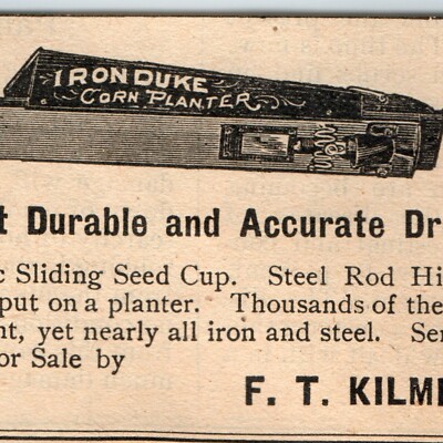 Vtg 1890 Adrian Mich Iron Duke Corn Planter Print Ad F. T. Kilmer Farm Tool Hand