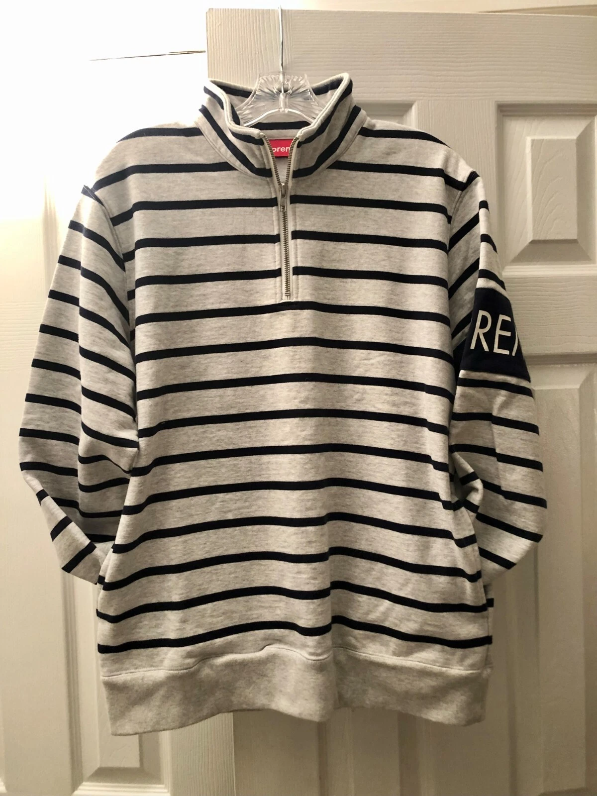 Sweat polaire coton 1/2 zip SUPREME gris bruyère et rayures marine   Medium