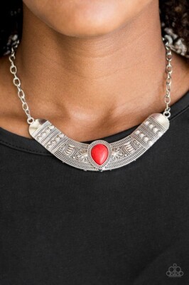 Paparazzi Necklace- Very Venturous- Red Teardrop- Crackle Stone-Floral