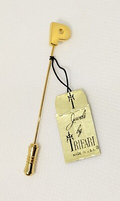 Vintage TRIFARI Gold Tone P Initial Letter STICK Pin Original Tag Monogram