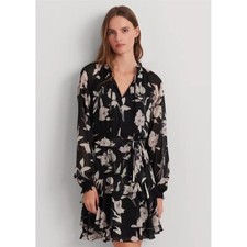 Lauren Ralph Lauren Women's Crinkle Georgette Black Floral Dress Size 10