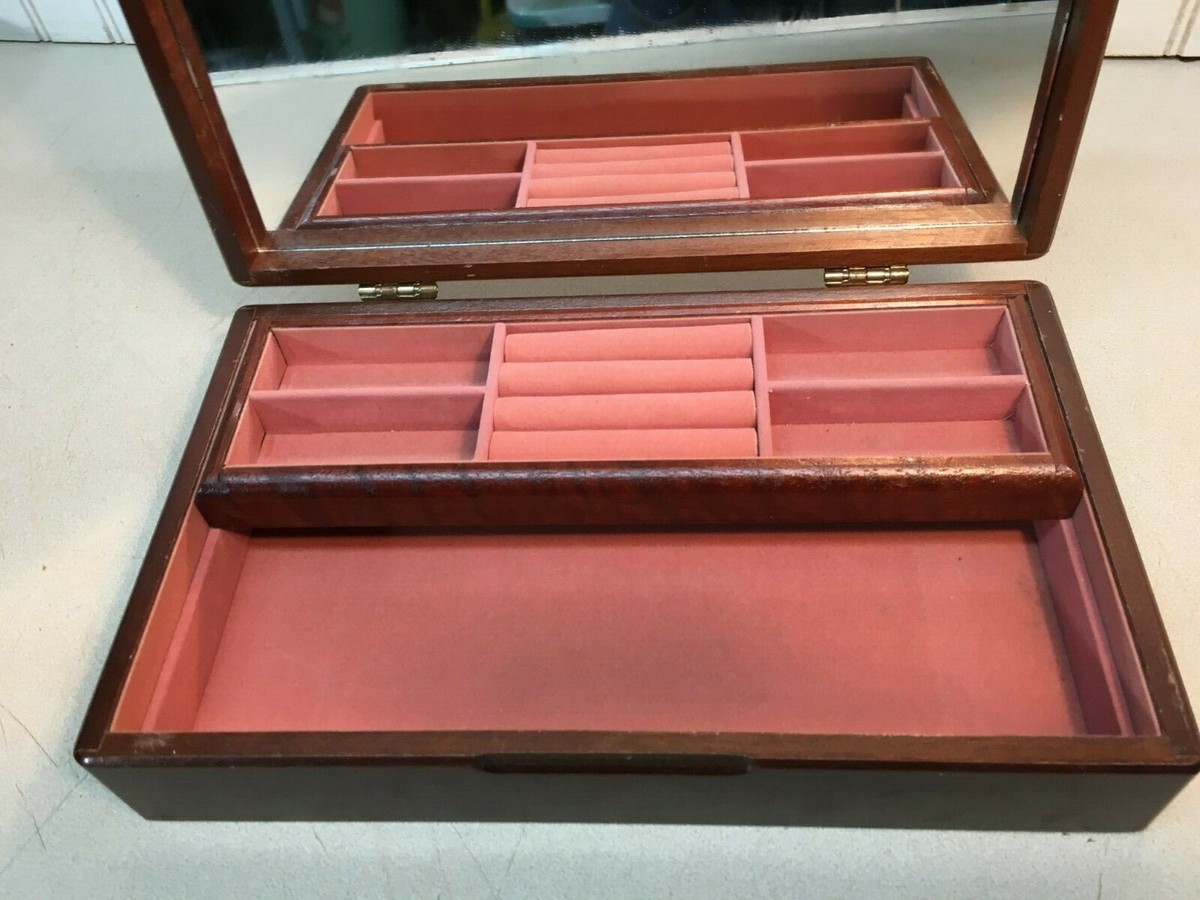 Vtg Victorian Wood Jewelry Trinket Stash Box Mirror Pink Felt