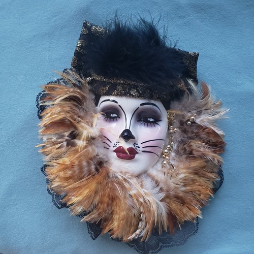 Unique Creations Wall Mask Hanging Porcelain Cat Kitty Lady Face Bling Feathers 