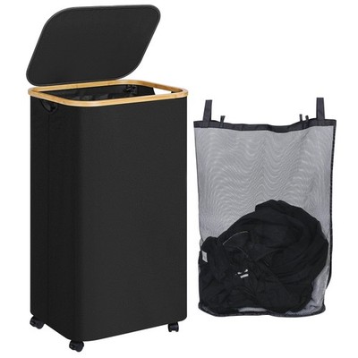 110L Black Rolling Laundry Hamper Clothes Basket Wheels Lid Inner Bag