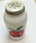 Vintage, milkglass Anchor Hocking salt shaker, red apples metal top 1950's
