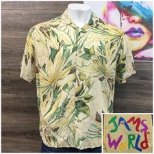 JAMS WORLD Hawaiian Shirt Mens Large Tropical Leaf Print Short Sleeve Button Up