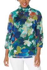 Susan Graver Women's Printed Mesh Mock-Neck Top/Tank Evergreen/Blue