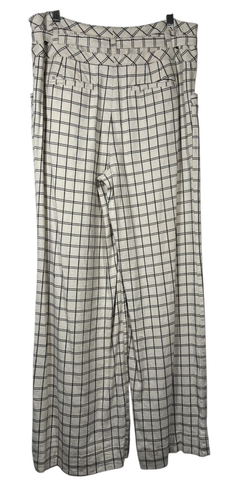 By Anthropologie Sz 10 Pants Wide Leg Windowpane Trousers Check Cream Black Tie - Image 3 of 4