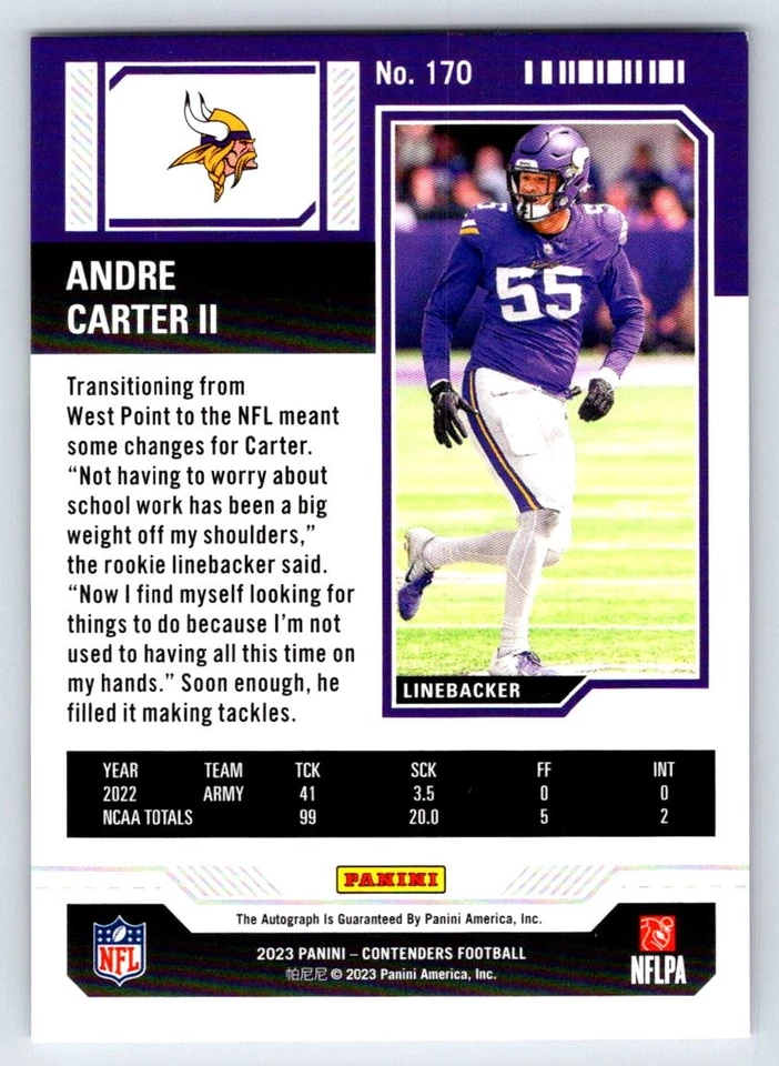 Andre Carter II 2023 Panini Contenders Rookie Auto Minnesota Vikings - Image 2 of 2