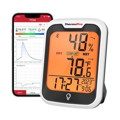 ThermoPro TP358 Bluetooth Thermometer for Room Temperature with Bui... Fast Ship