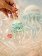 Handmade Crocheted Jellyfish Key Chain Charm, White/Blue Yarn, Detachable