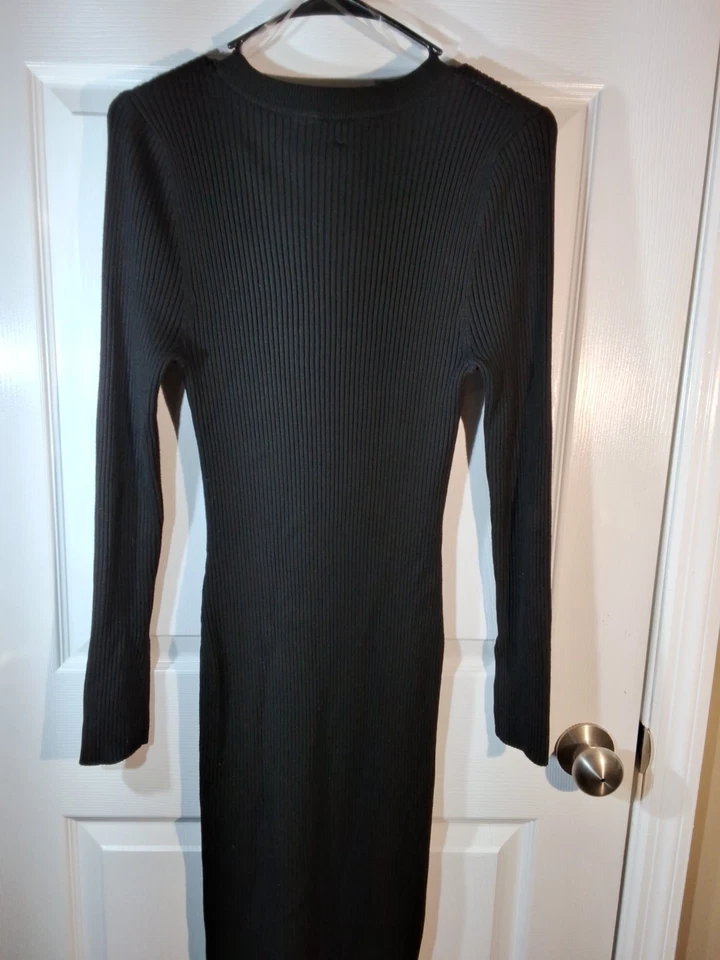 Vestido Suéter DEREK HEART Negro Tejido Acanalado Largo Talla XL Largo Frontal Abertura Con Botones Foto 2 de 4