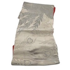 Stunning Vintage Japanese Obi Sash Crane Floral Silver Gold Red Silk Blend