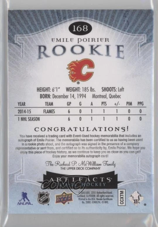 2015 Artifacts Emerald Jersey/Patch /49 Emile Poirier RPA Rookie Patch Auto RC - Image 2 of 2