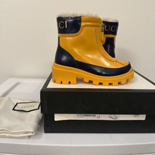 Gucci Unisex Niños Amarillo Charol Lana Forro Tobillo Botas de Lluvia 27/US 10.5C Con Caja