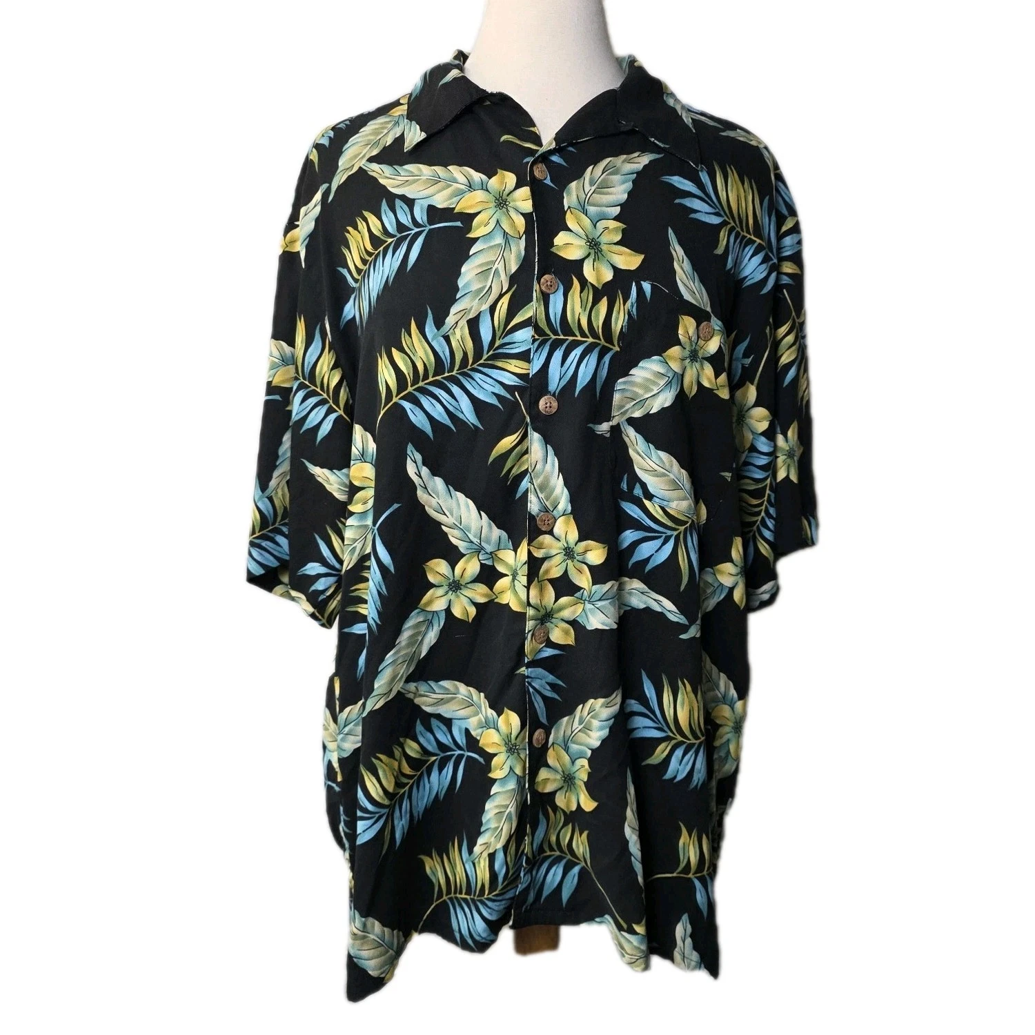 Hawaiian Silk Shirt Black Tropical Floral Men XL Beach Vacation Button Down Vtg
