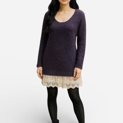 QED London Womens Sweater M Purple Cream Frilly Lace Hem Long Sleeve Boho