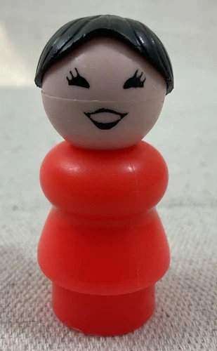 Vintage Fisher Price Little People Black hair Lady Bright Red Dress Plastic