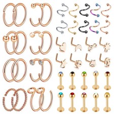 44PCS Surgical Steel Nose Ring Labret Lip Studs Tragus Helix Piercing 20g 16g