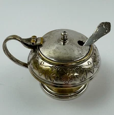 EPNS Antique Silver Mustard Etched Pedestal Pot & EPNS 830 Silver Salt Spoon