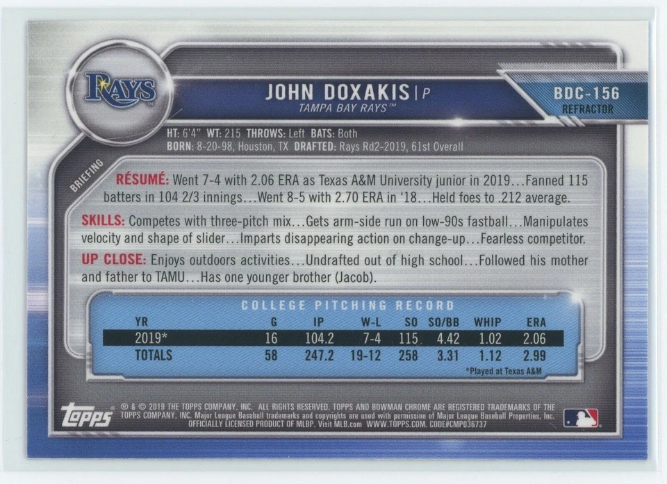 JOHN DOXAKIS 2019 BOWMAN DRAFT CHROME - 1ST BOWMAN ROOKIE REFRACTOR  RAYS - Image 2 of 2