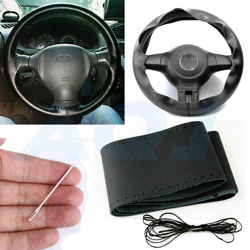 Black 15" Diameter Car Auto Steering Wheel Cover Genuine Leather For VOLKSWAGEN Foto 4 de 4