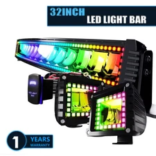Curved 32" LED Light Bar RGB Chasing Halo Ring+4" RGB LED Pods Roof For Jeep SUV