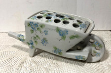 Vintage Japan Porcelain Flower Frog Wheelbarrow Blue Floral Mint 