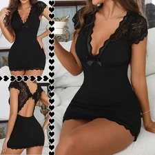 Women Sexy Lingerie Babydoll Sleepwear Lace Mini Short Sleeve Dress Nightwear US