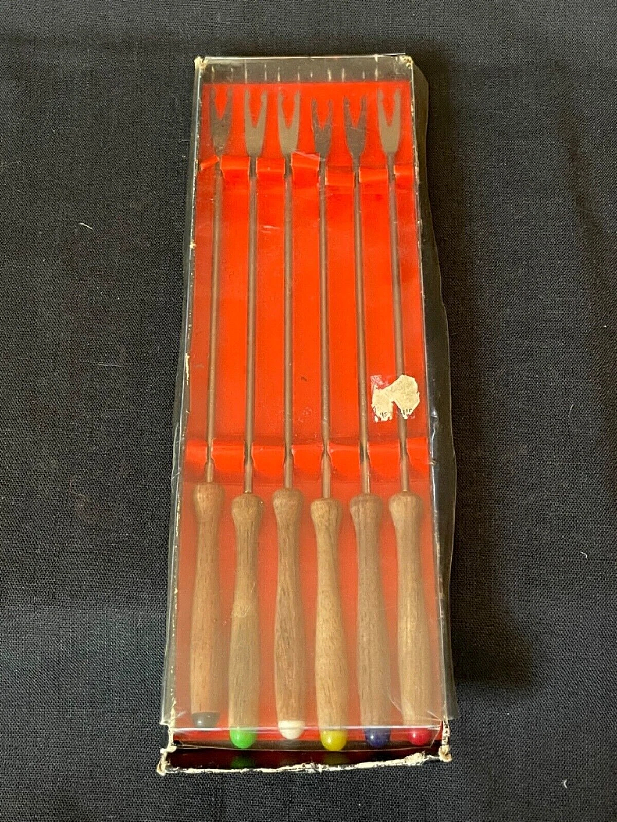 Vtg Retro 6 Pc Viking Fondue Forks Set Stainless Steel Wood Handles in the Box