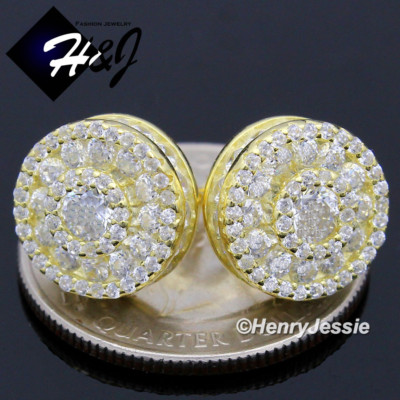 Men's 925 Sterling Silver Icy CZ Earrings - Gold Plated & Silver 3D 10mm/12mm Round Studs - Hip Hop Bling Jewelry