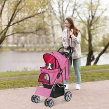4 Wheels Pink Pet Stroller Foldable Dog Cat Jogging Stroller w/ Storage Basket 