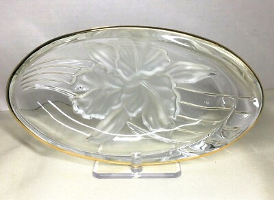 Vintage Crystal Frosted Relief Cattleya Orchid Oval Dish In High Relief