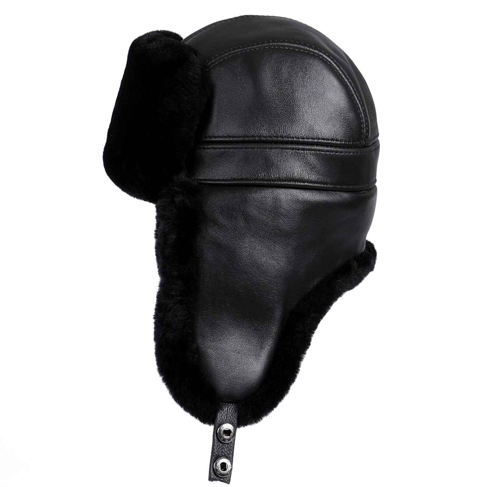 Men's Winter Fur Trapper Hat Genuine Leather Shearling Wool Russian Ushanka Caps