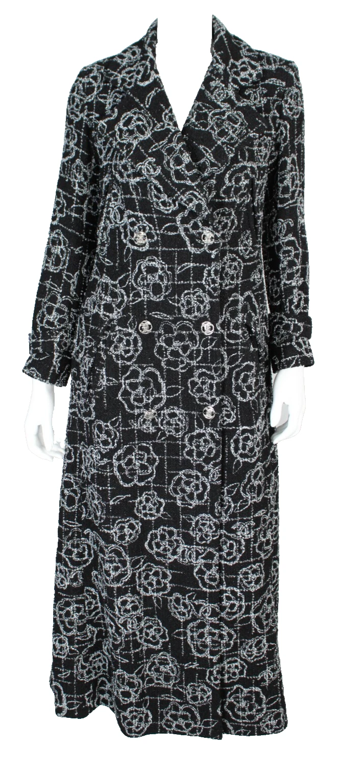 Cappotto doppiopetto CHANEL 2022 22P nero e grigio camelia check boucle tweed 38
